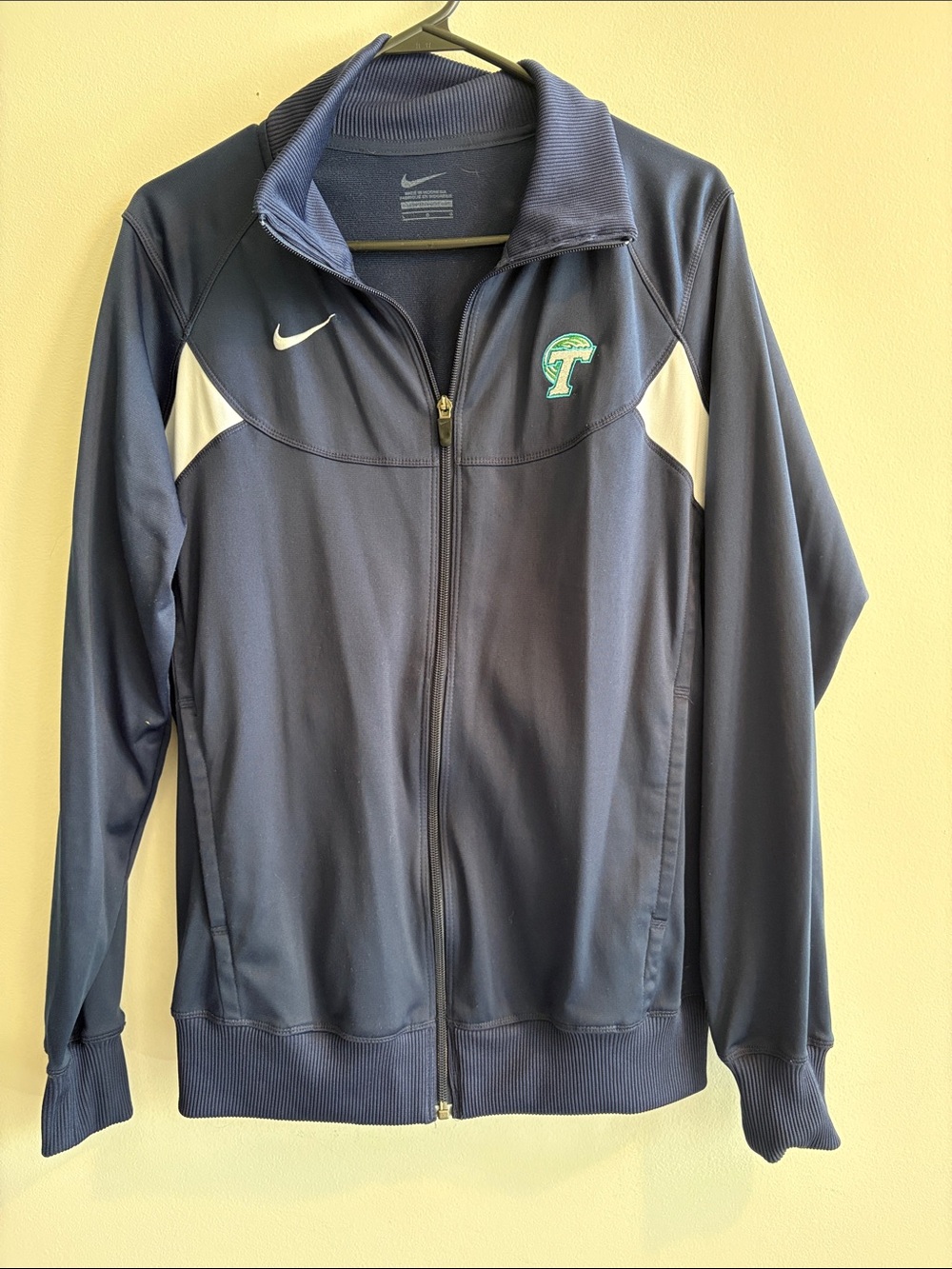 Nike Navy and White Full-Zip Varsity Track Jacket with Green Logo